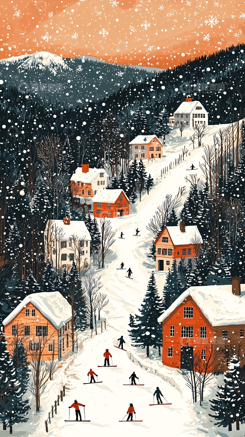 高清大图下载【趣麦麦图】雪山小镇