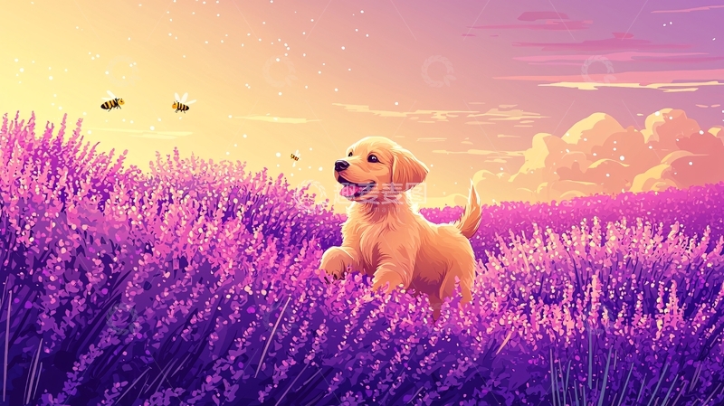 高清大图下载【趣麦麦图】金毛幼犬薰衣草田夕阳