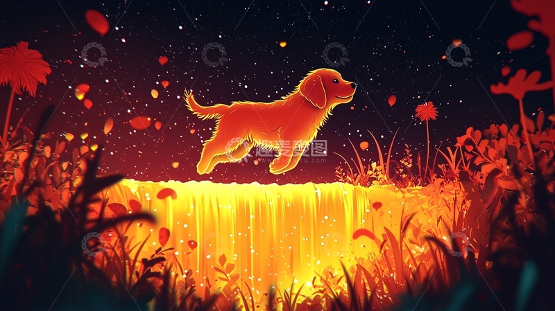 高清大图下载【趣麦麦图】发光小狗站在瀑布前