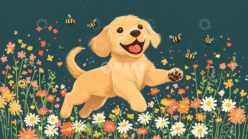 高清大图下载【趣麦麦图】金毛幼犬花丛中奔跑
