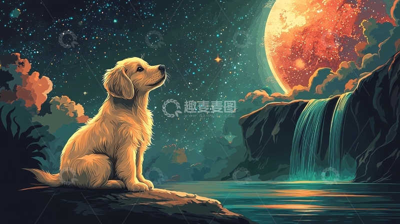 高清大图下载【趣麦麦图】金毛犬星空背景