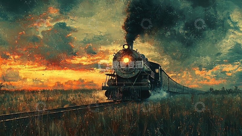 高清大图下载【趣麦麦图】蒸汽火车日落剪影