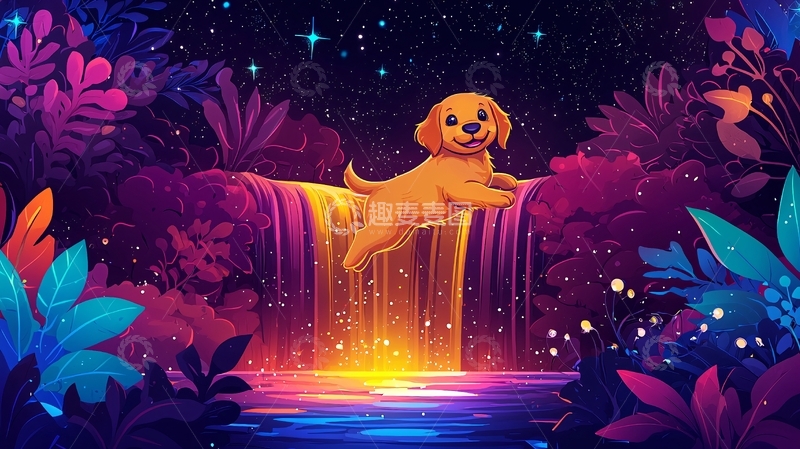 高清大图下载【趣麦麦图】小狗跳瀑布梦幻场景