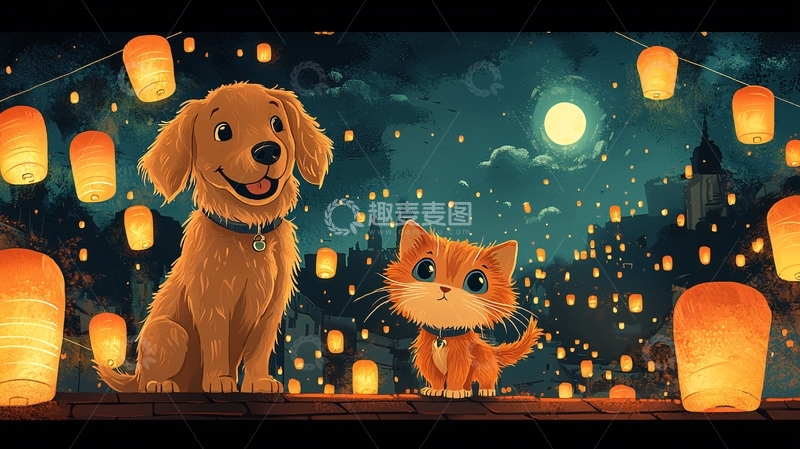 高清大图下载【趣麦麦图】卡通狗猫在灯笼夜空下