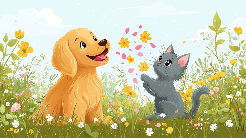 高清大图下载【趣麦麦图】小狗和小猫在花丛中玩耍