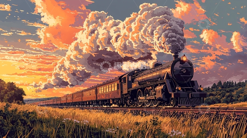 高清大图下载【趣麦麦图】夕阳下蒸汽火车