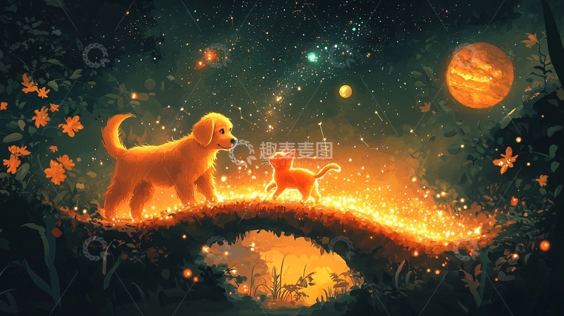 高清大图下载【趣麦麦图】金毛犬和猫咪的奇幻森林