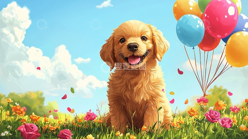 高清大图下载【趣麦麦图】金毛幼犬与气球