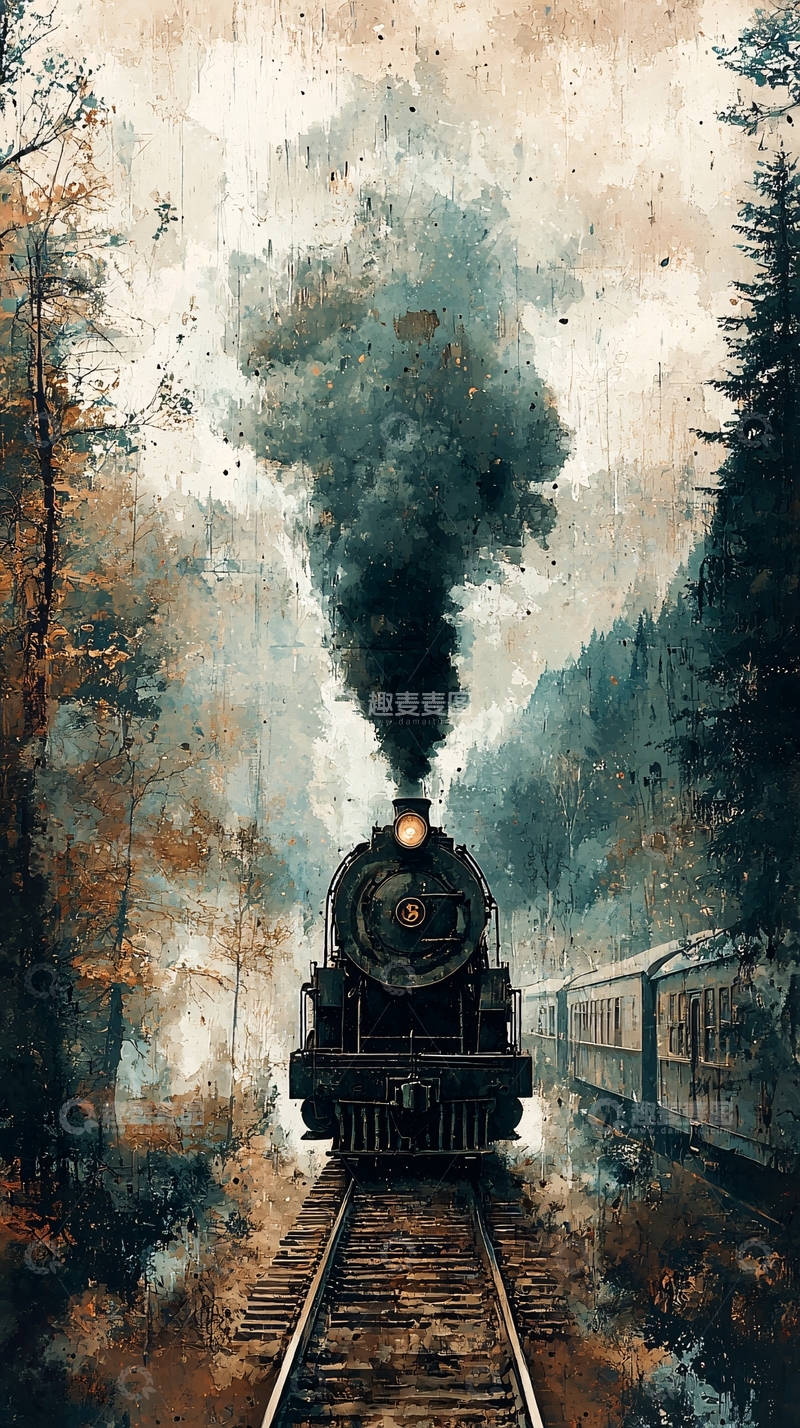 高清大图下载【趣麦麦图】蒸汽火车森林复古画