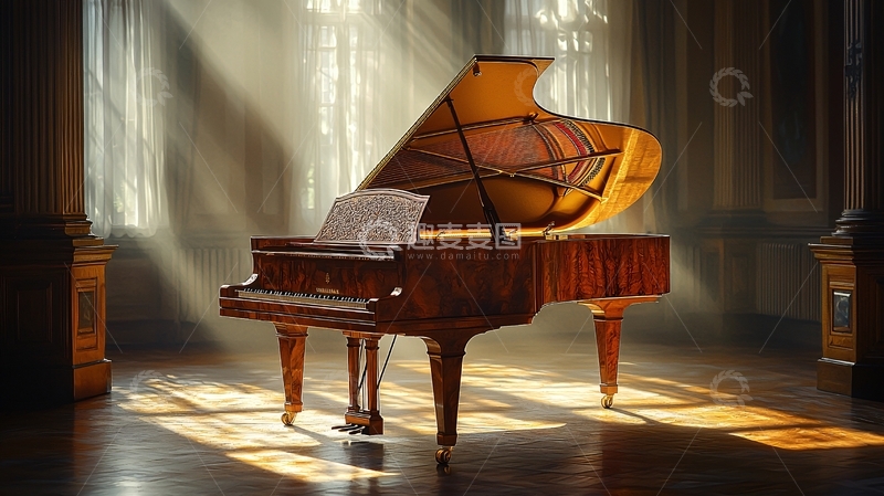 高清大图下载【趣麦麦图】阳光照射下的古典三角钢琴