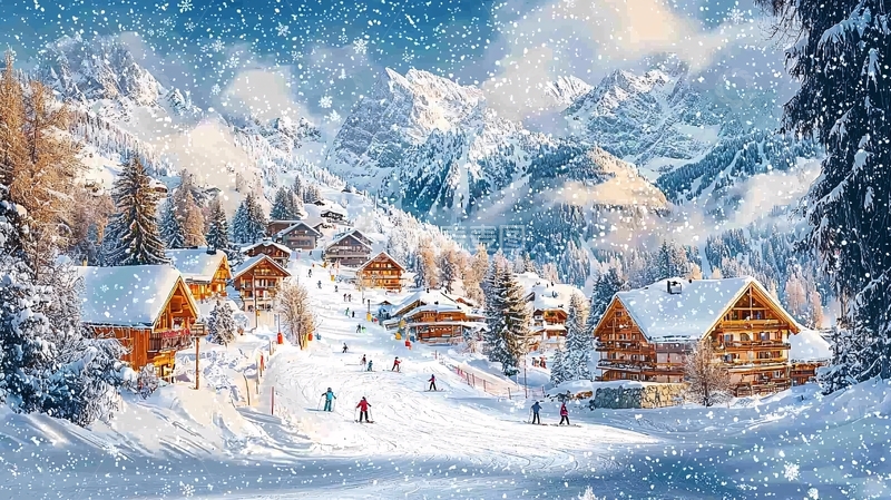 高清大图下载【趣麦麦图】雪山小镇冬季风光