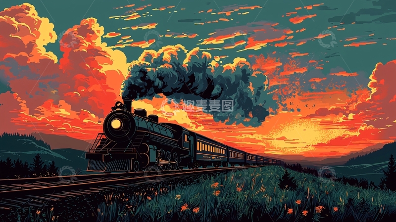 高清大图下载【趣麦麦图】蒸汽火车日落剪影