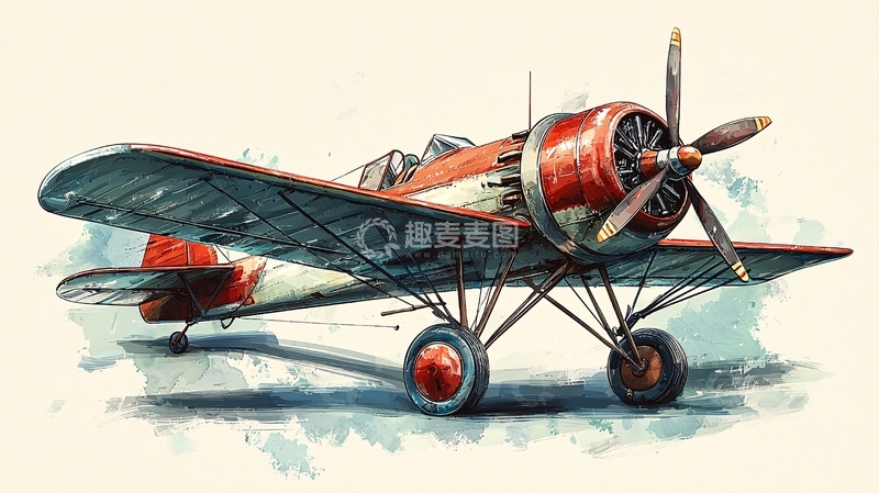 高清大图下载【趣麦麦图】红色复古螺旋桨飞机