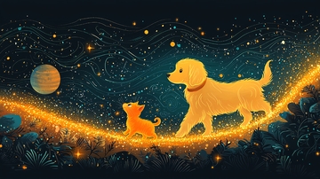 金毛犬和小猫的星空漫步