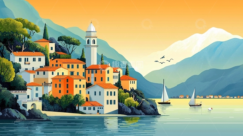 高清大图下载【趣麦麦图】山坡小镇海景图