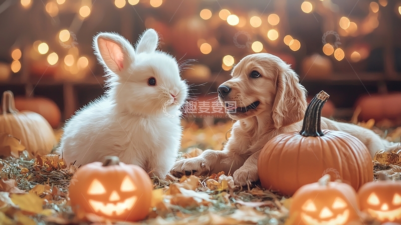 高清大图下载【趣麦麦图】可爱兔子和小狗南瓜灯