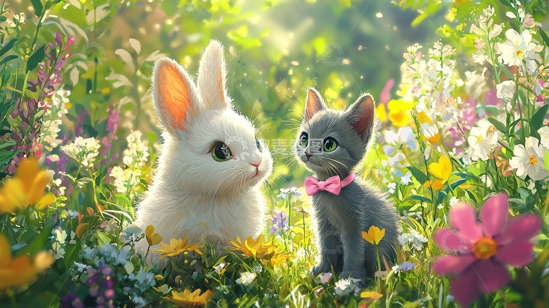 高清大图下载【趣麦麦图】小兔子和小猫在花丛中