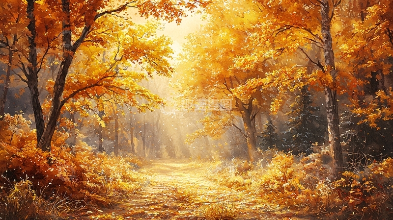 高清大图下载【趣麦麦图】秋日森林金色阳光小路