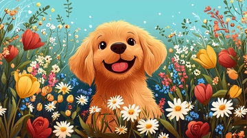 金毛幼犬花丛中微笑