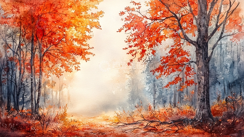 高清大图下载【趣麦麦图】秋日红叶森林水彩画