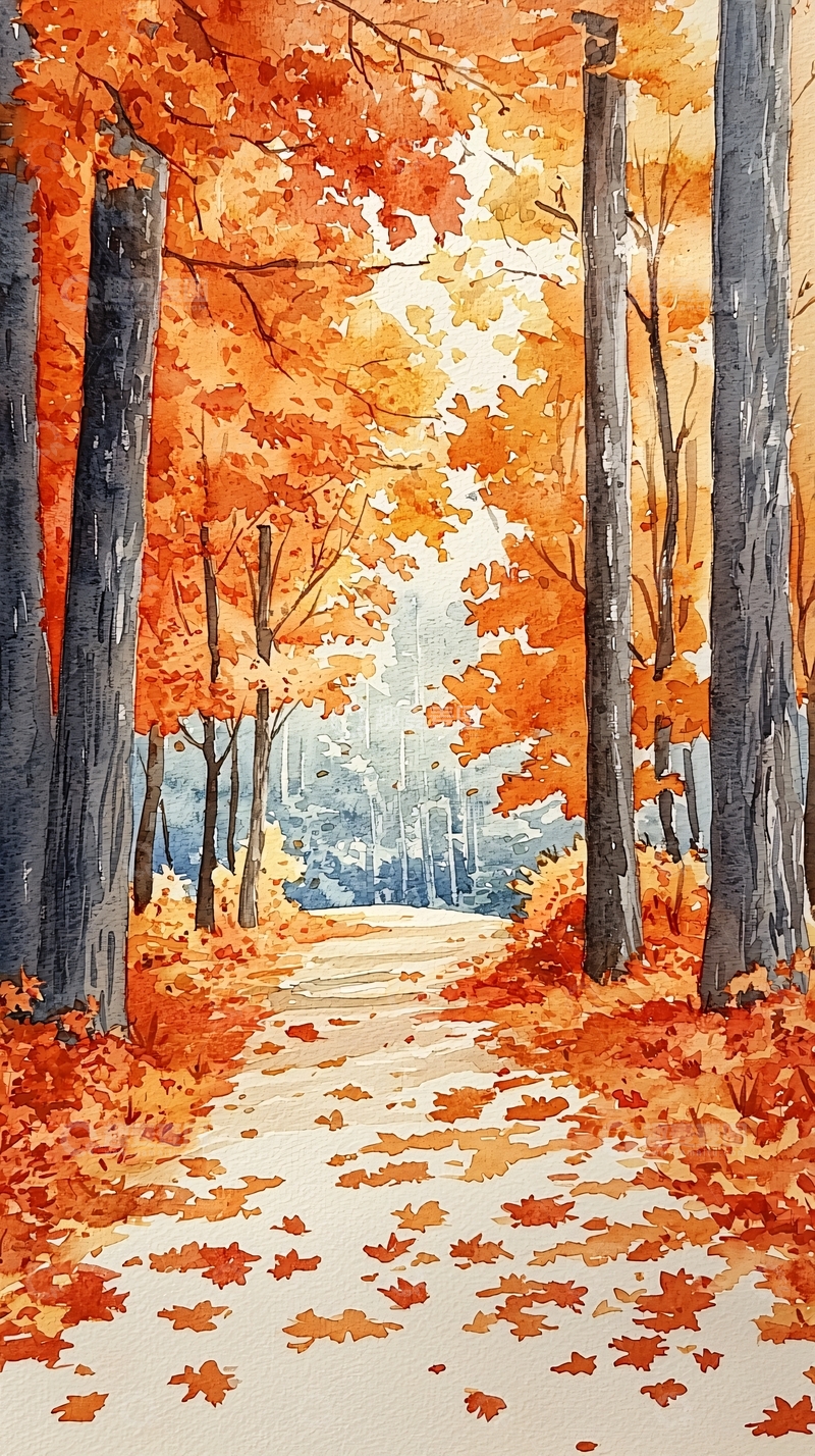 高清大图下载【趣麦麦图】秋日小路水彩画