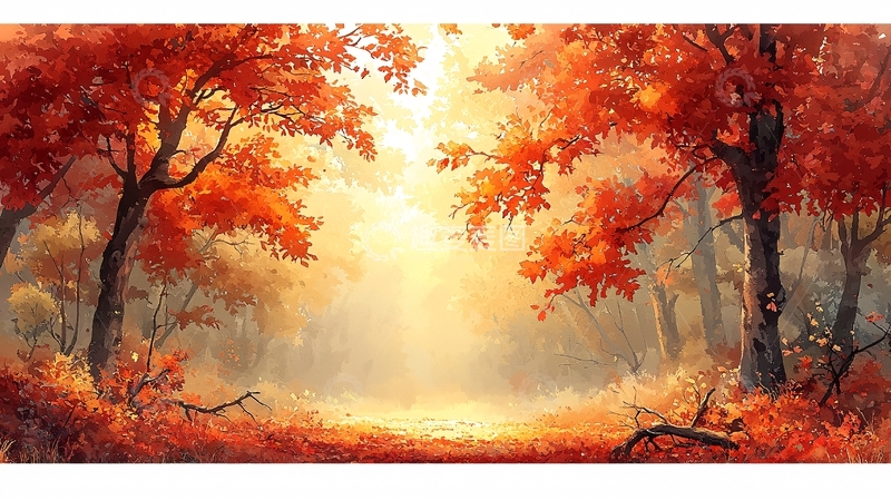 高清大图下载【趣麦麦图】红叶森林阳光洒照