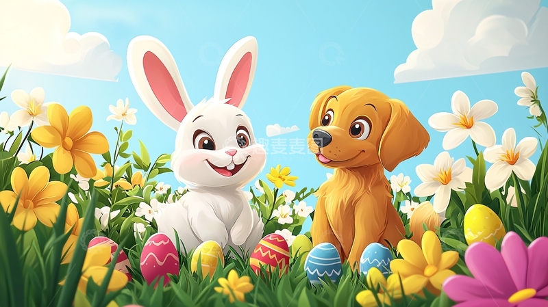 高清大图下载【趣麦麦图】复活节兔子和狗狗