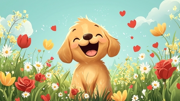 可爱金毛犬花田