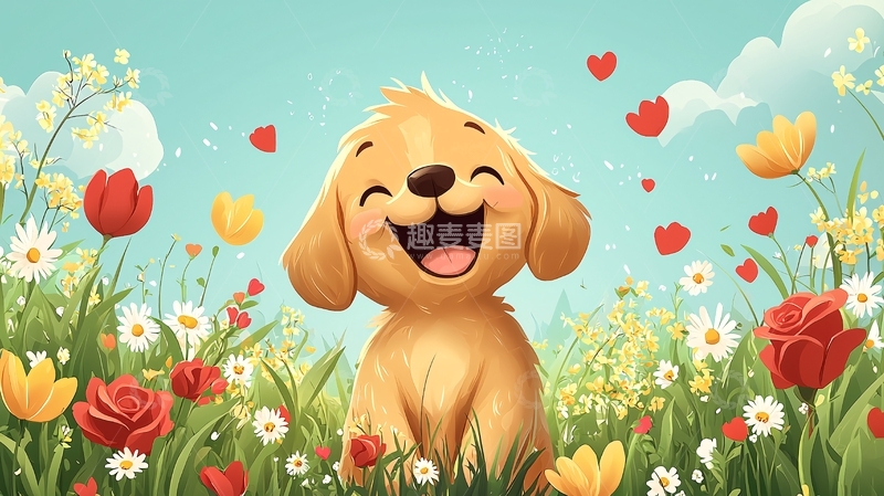 高清大图下载【趣麦麦图】可爱金毛犬花田