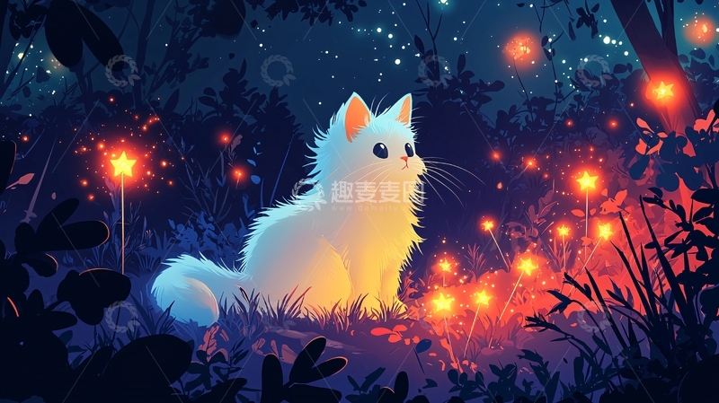 高清大图下载【趣麦麦图】夜晚森林猫咪萤火虫