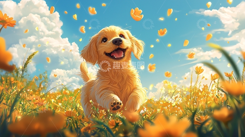 高清大图下载【趣麦麦图】奔跑在花丛中的快乐小狗
