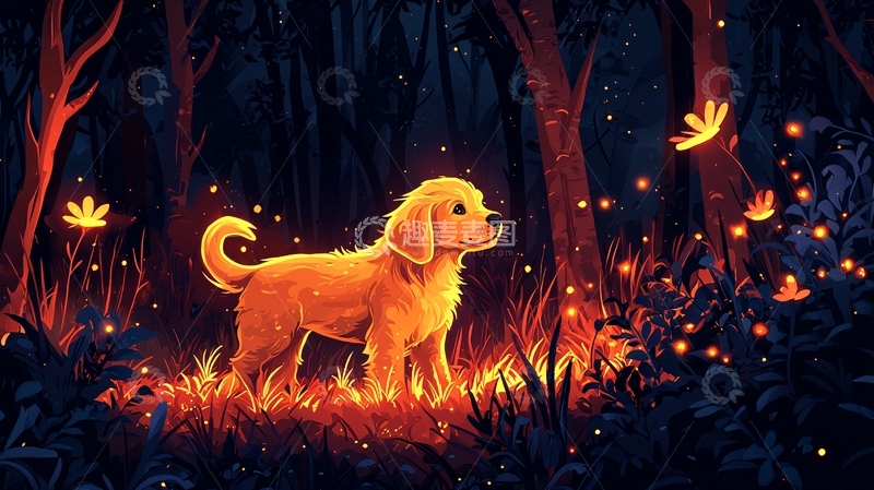 高清大图下载【趣麦麦图】发光的小狗森林夜景