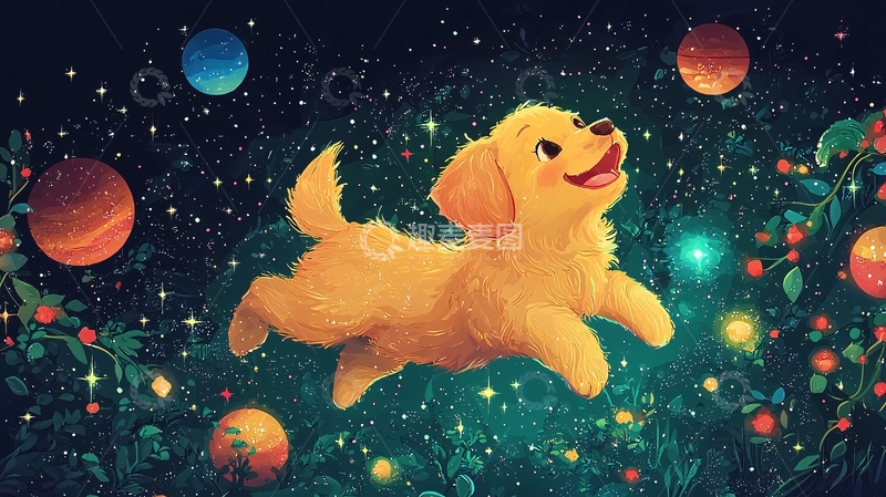 高清大图下载【趣麦麦图】卡通小狗在宇宙中飞翔