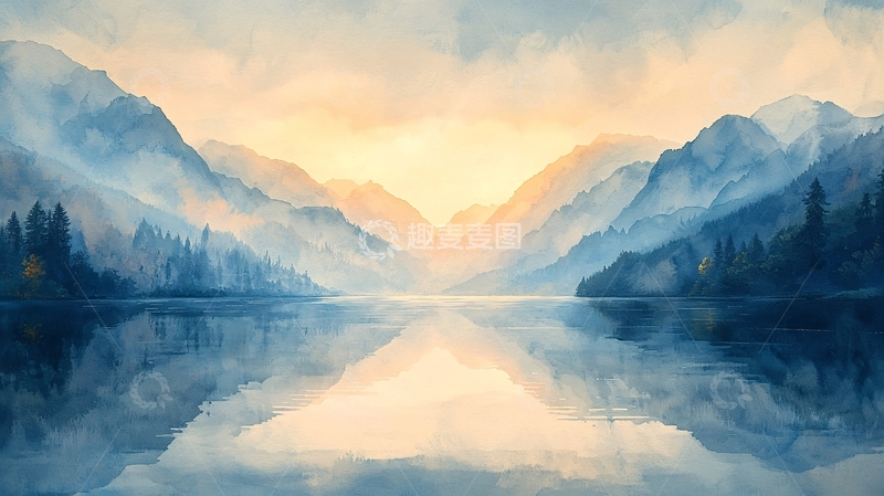高清大图下载【趣麦麦图】清晨薄雾山谷湖泊倒影