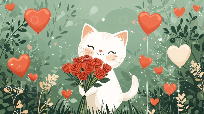 高清大图下载【趣麦麦图】可爱猫咪捧玫瑰花