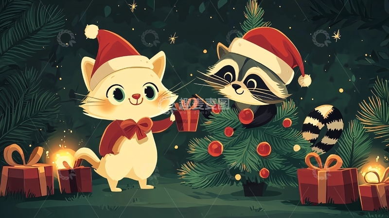 高清大图下载【趣麦麦图】圣诞节猫咪浣熊