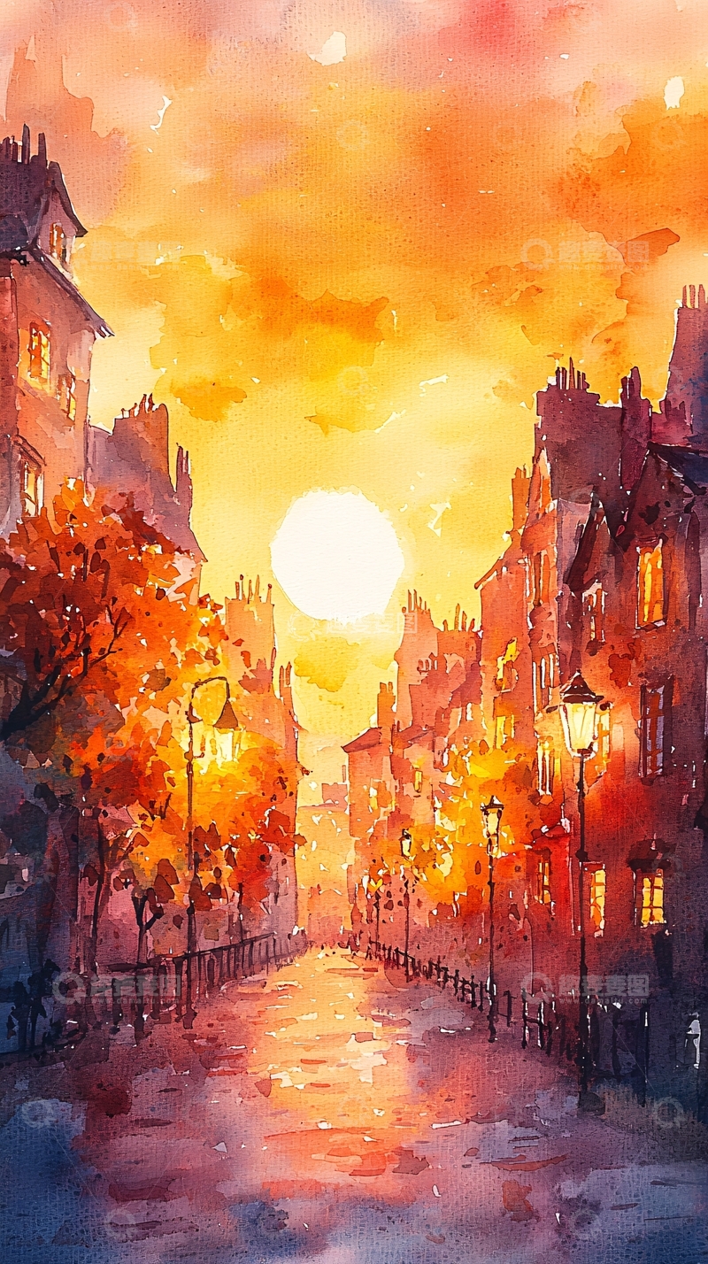 高清大图下载【趣麦麦图】水彩夕阳街景