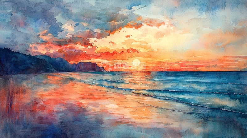 高清大图下载【趣麦麦图】水彩画日落海滩