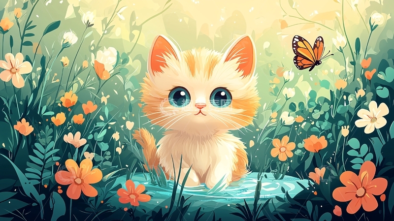 高清大图下载【趣麦麦图】可爱小猫花丛中