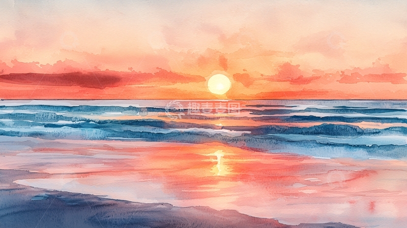 高清大图下载【趣麦麦图】水彩日落海景