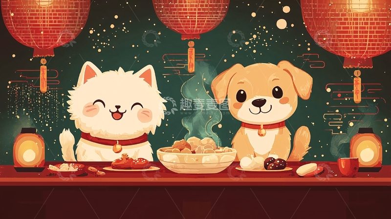 高清大图下载【趣麦麦图】萌宠新年团圆饭