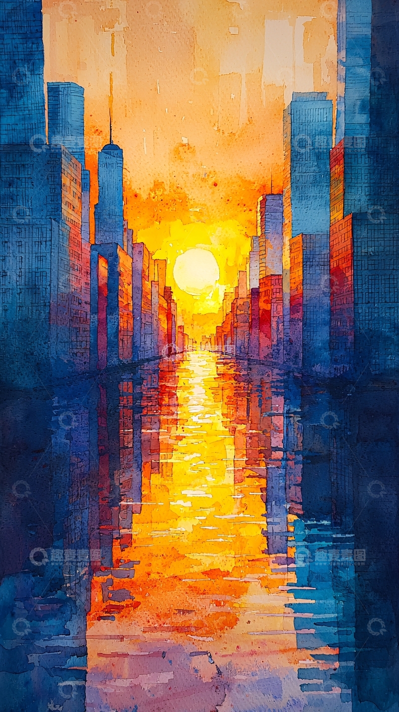 高清大图下载【趣麦麦图】城市日落水彩画