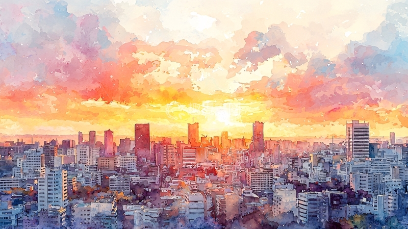 高清大图下载【趣麦麦图】水彩城市日落