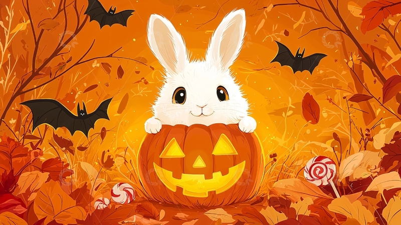 高清大图下载【趣麦麦图】可爱白兔南瓜灯