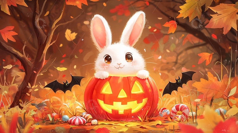高清大图下载【趣麦麦图】秋日森林里的小白兔南瓜灯