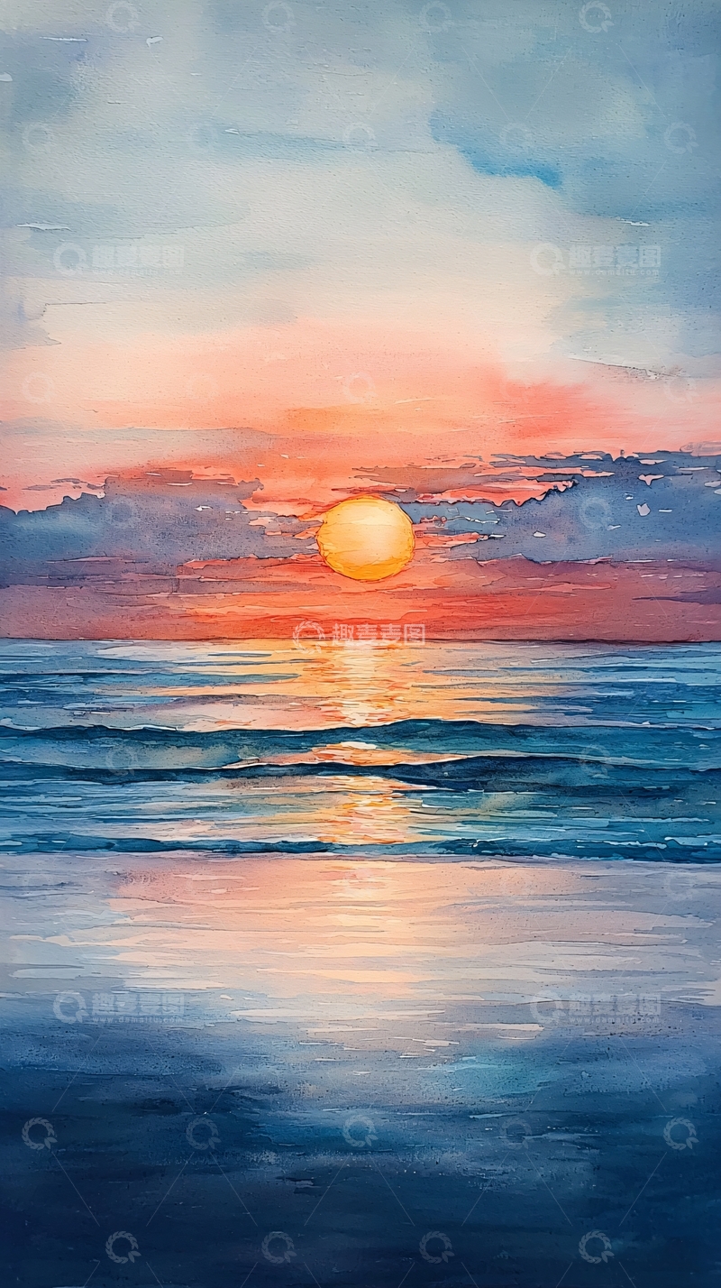 高清大图下载【趣麦麦图】水彩日落海景图