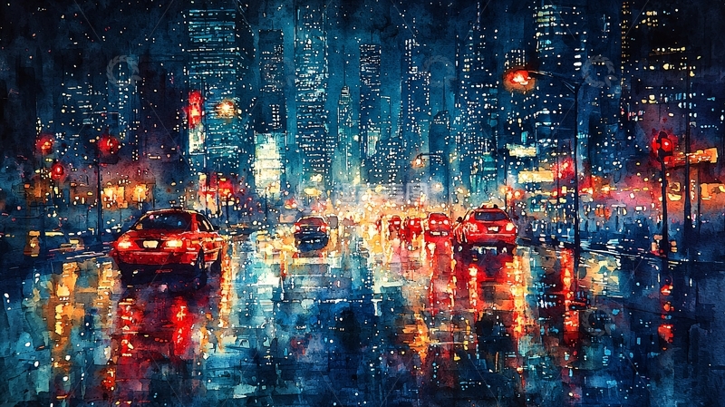 高清大图下载【趣麦麦图】夜晚都市水彩画