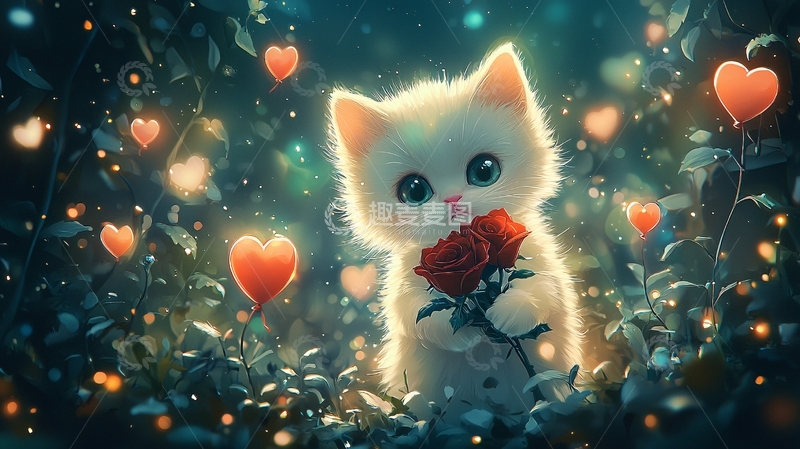 高清大图下载【趣麦麦图】可爱小猫捧着红玫瑰