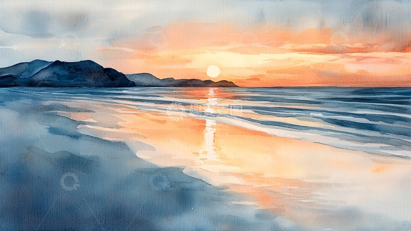 高清大图下载【趣麦麦图】水彩夕阳海滩