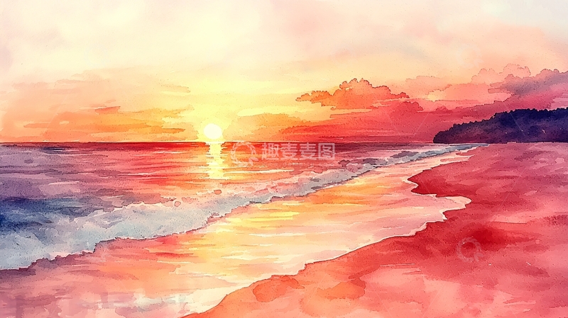 高清大图下载【趣麦麦图】水彩夕阳海滩风景画